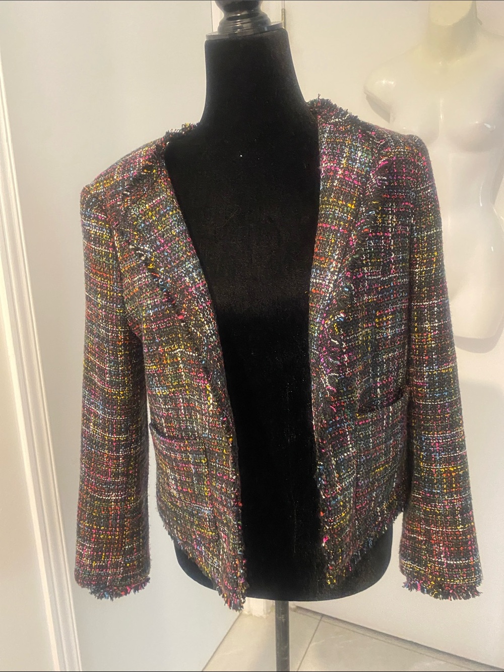 H&M Black Multicolor Chanel style Tweed-like Open-Front fringe Blazer Size 10